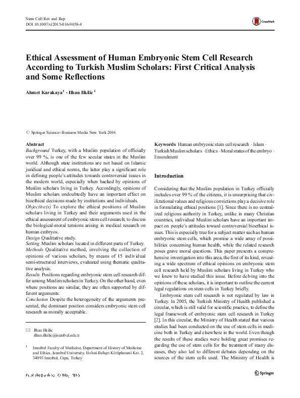 Ethical Assessment of Human Embryonic Stem Cell Research According to Turkish Muslim Scholars: First Critical Analysis and Some Reflections